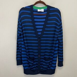 PEARL by Lela Rose Navy Nautical Striped V‎ Neck Button Up Sweater Size Small